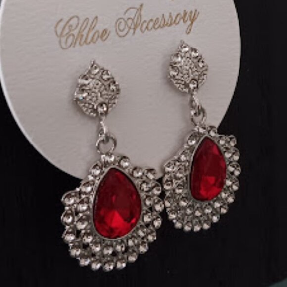 CHLOE ACCESSORY Glamorous Silver Red & Clear Crystal Pear Shaped Drop Earrings - Picture 2 of 4